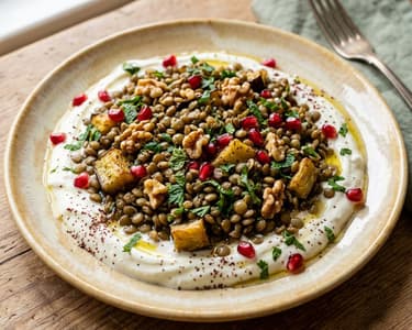 Lauwarmer türkischer Auberginen-Linsensalat | Patlıcanlı Mercimek