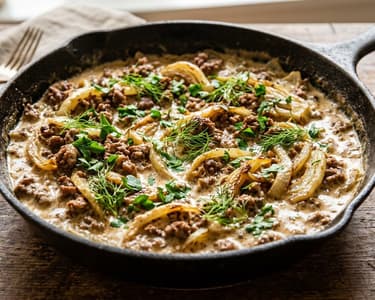 Hearty Fennel and Minced Meat Skillet with Sour Cream | Quick Comfort Food