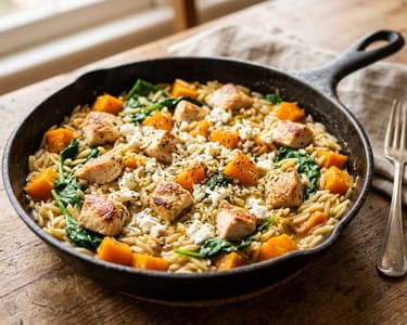 Griechische Hähnchen-Kürbis-Pfanne mit Kritharaki & Feta