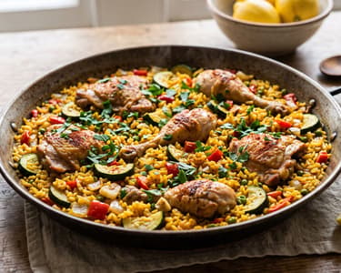 Spanish Chicken and Zucchini Rice Pan | Arroz con Pollo y Calabacín