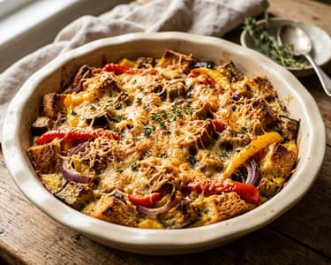 Spanish Escalivada Strata | Savoury Aubergine and Bell Pepper Bread Bake with Manchego