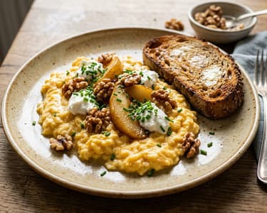 Kräuter-Rührei mit Ziegenfrischkäse und karamellisierter Birne