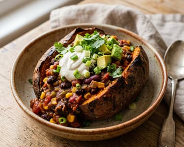 Baked Stuffed Sweet Potatoes with Lotao Chili sin Carne