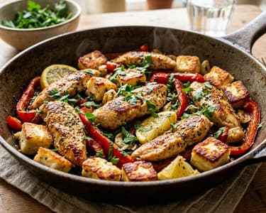 Griechische Hähnchen-Halloumi-Pfanne | In 20 Minuten