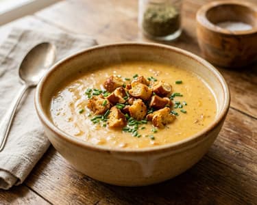 Bayerische Bierkäsesuppe mit Brezen-Croutons