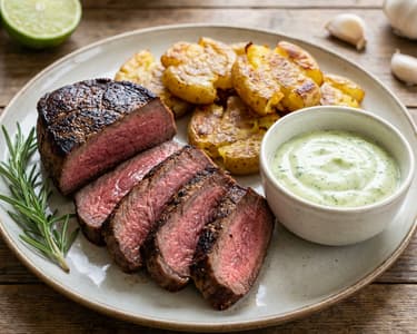 Eye Round Steak with Smashed Potatoes and Coriander Mayonnaise