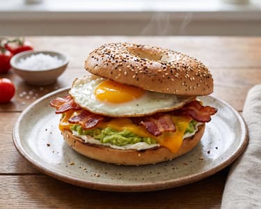 American Breakfast Bagel with Egg and Bacon