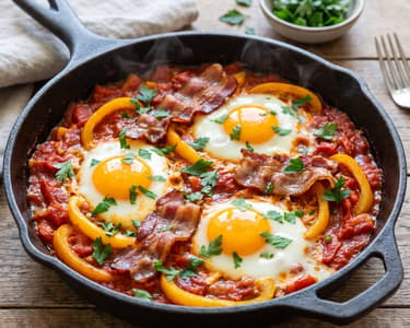 Tomato and Bell Pepper Skillet with Egg and Bacon