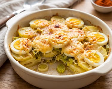 Baked Potatoes with Boiled Eggs and Leeks