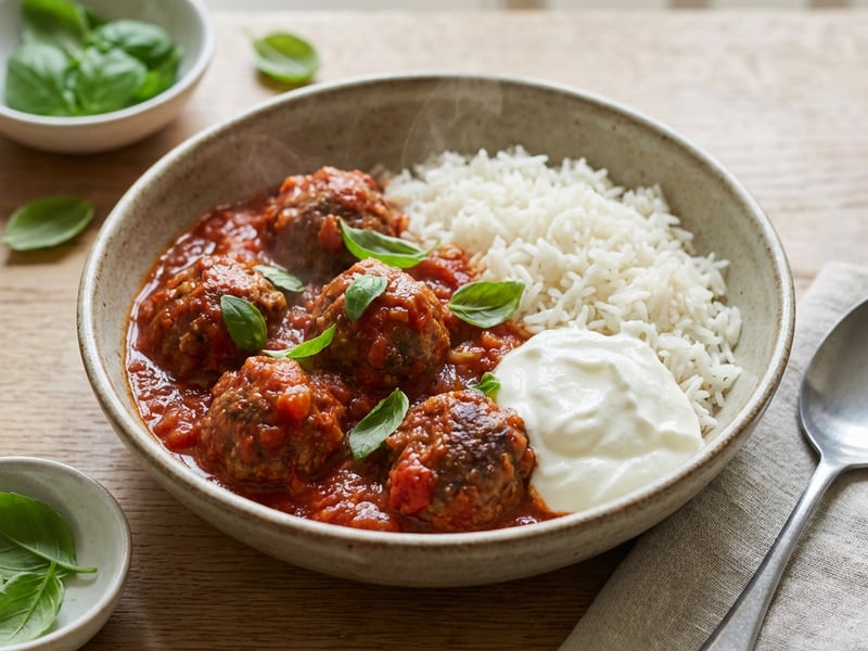 Juicy Meatballs in Tomato Sauce with Rice