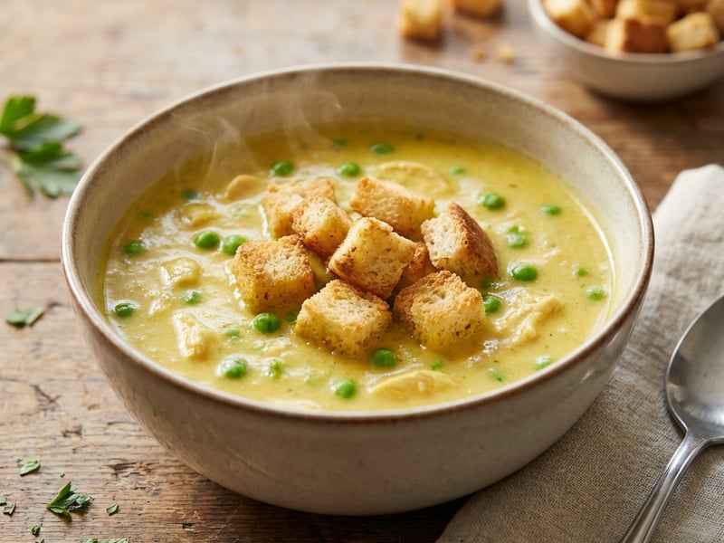Chicken Curry Soup with Peas & Croutons