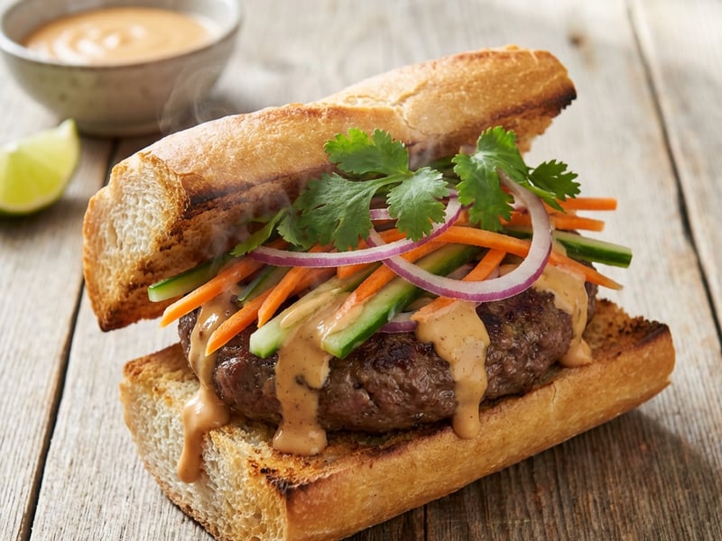 Asian Burger with Peanut Sauce & Crispy Vegetables