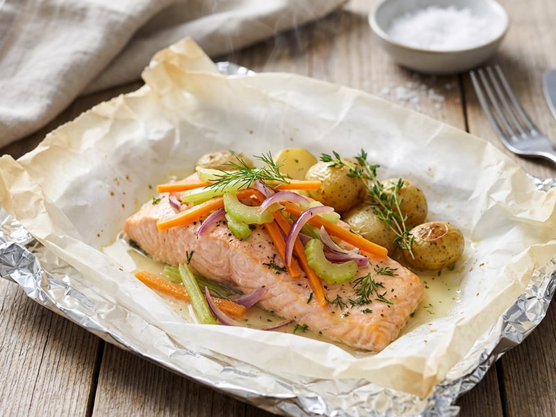 Salmon en papillote with fine vegetables