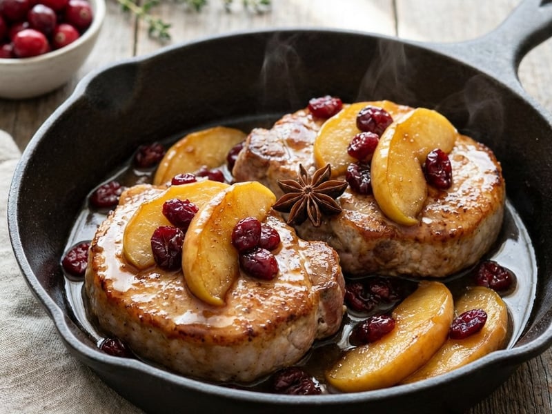 Schweinekoteletts mit Äpfeln und Preiselbeeren