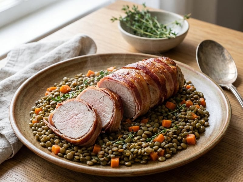 Schweinefilet im Pancetta-Mantel mit grünen Linsen