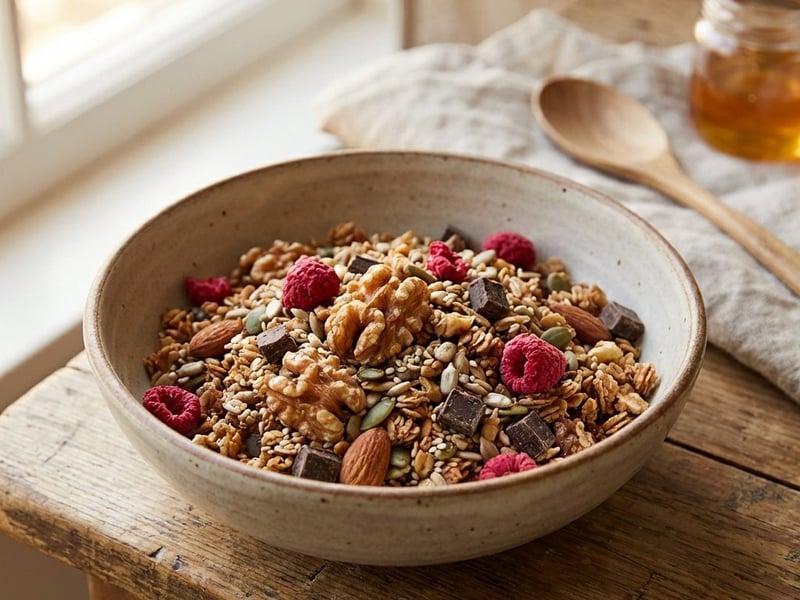 Crispy Nut Granola with Raspberries & Chocolate