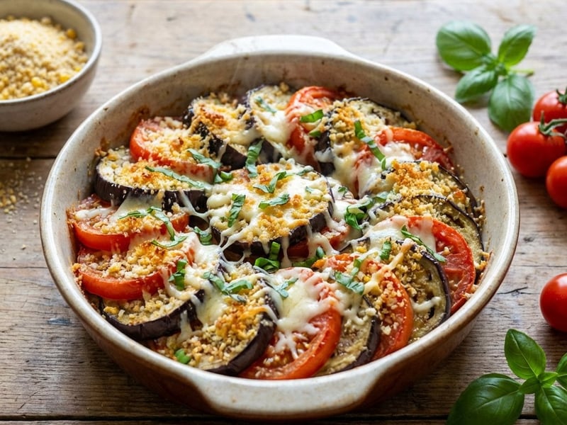 Gebackene Aubergine mit Tomaten und Parmesan-Bröseln