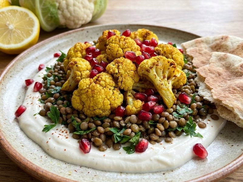 Linsensalat mit geröstetem Blumenkohl und Tahini-Joghurt