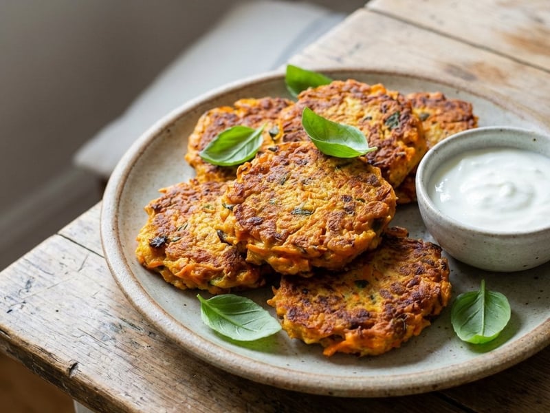 Karottenpuffer mit Räuchertofu und Basilikum