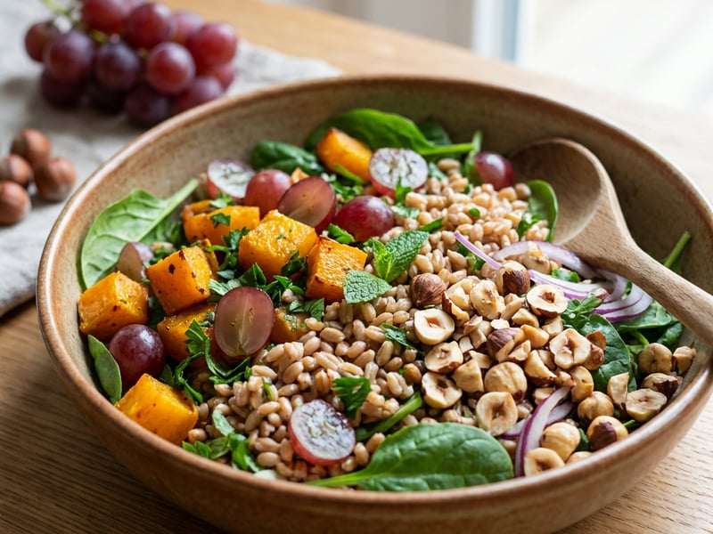 Spelt Salad with Pumpkin, Grapes and Hazelnuts