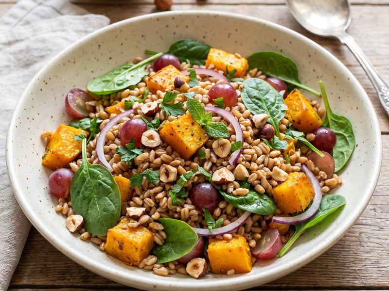 Spelt Salad with Pumpkin, Grapes and Hazelnuts
