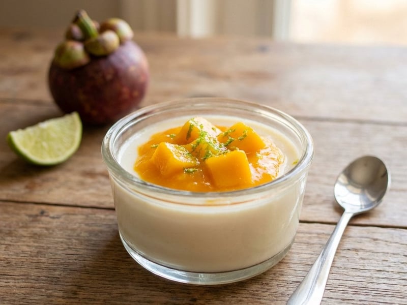 Mangostan Panna cotta mit Mango-Ragout