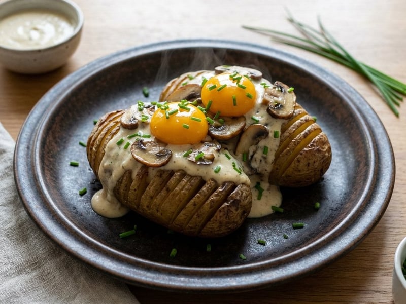 Asche-Kartoffeln mit Knoblauchsauce und Pilzen