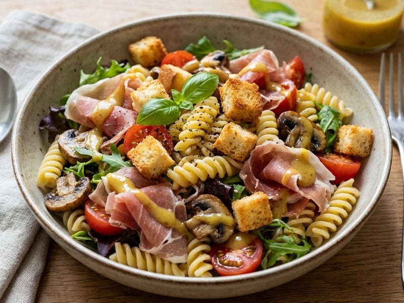 Nudelsalat mit Honig-Senf-Dressing und Prosciutto