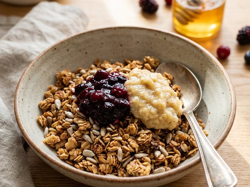 Granola mit Sonnenblumenkernen und Beerenkompott