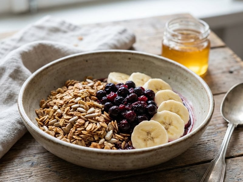 Granola mit Sonnenblumenkernen und Beerenkompott
