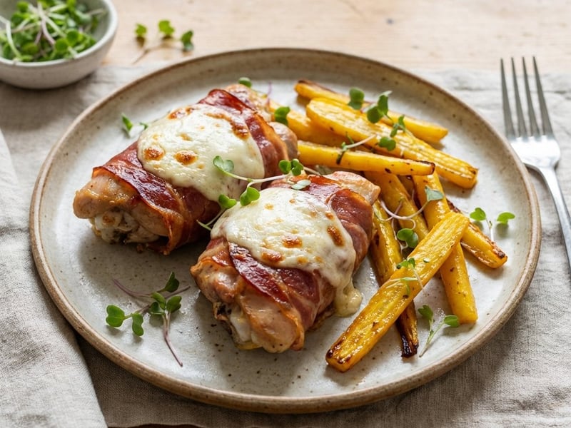 Putenoberkeule mit Prosciutto und karamellisierten gelben Möhren