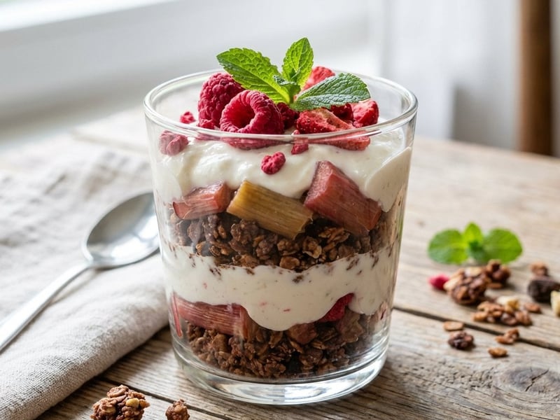Hausgemachtes Granola mit geröstetem Rhabarber