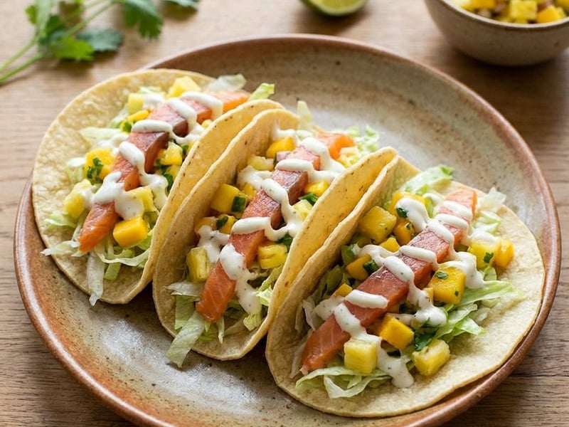 Tacos mit Mango-Ananas-Salsa und geräucherter Lachsforelle