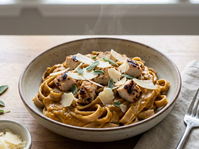 Pasta with creamy pumpkin sauce and chicken