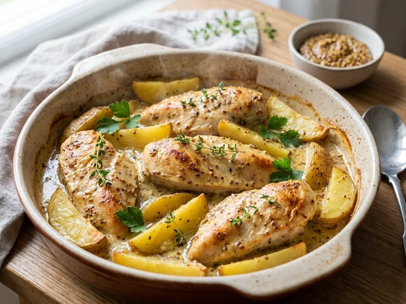 Hähnchen mit Kartoffeln in cremiger Senf-Sahne-Sauce
