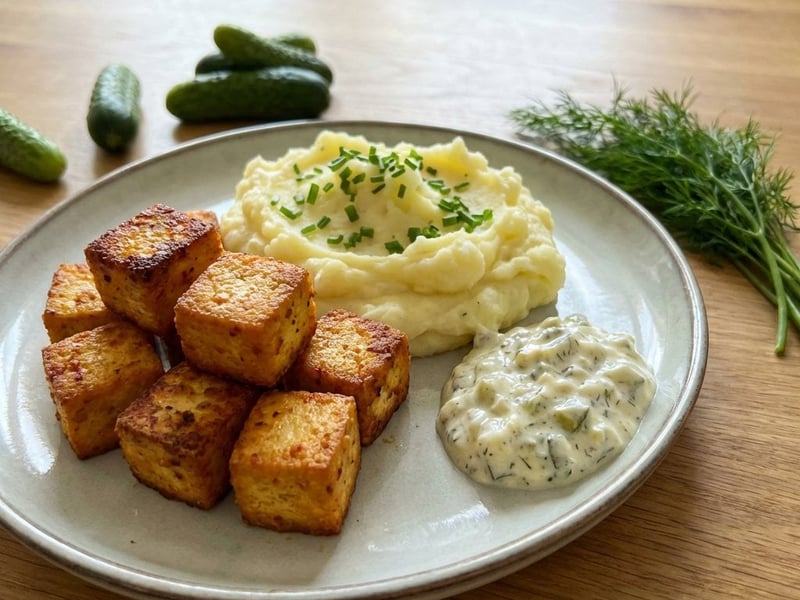 Homemade Lentil Tofu with Mashed Potatoes