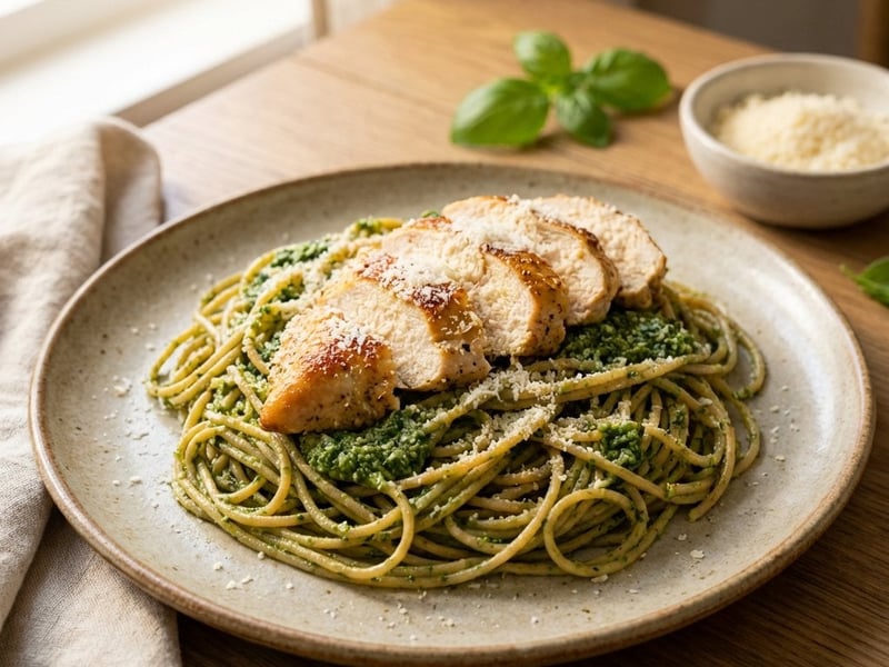 Spaghetti with Spinach Pesto and Chicken Breast