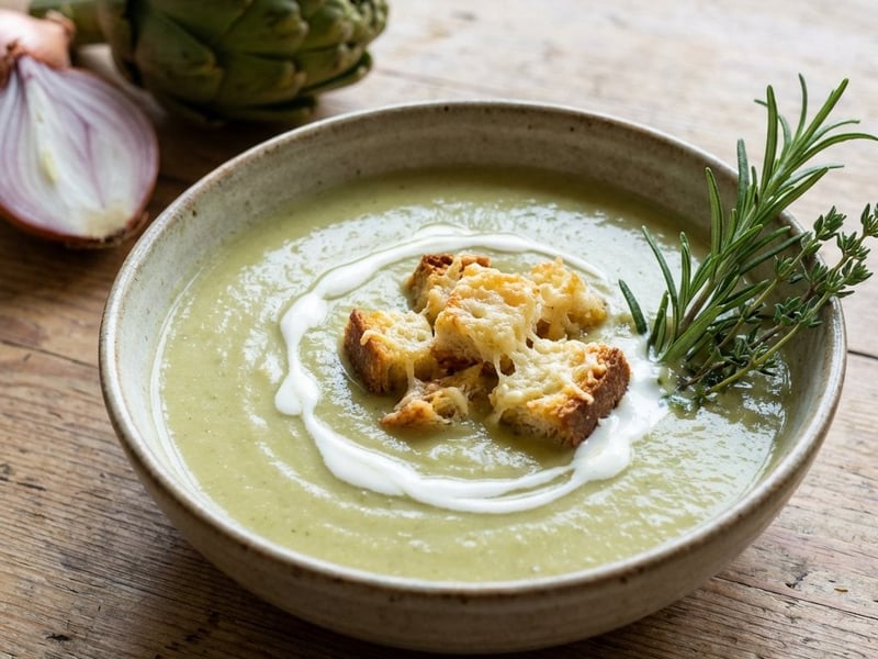 Artichoke Cream Soup with Parmesan Croutons
