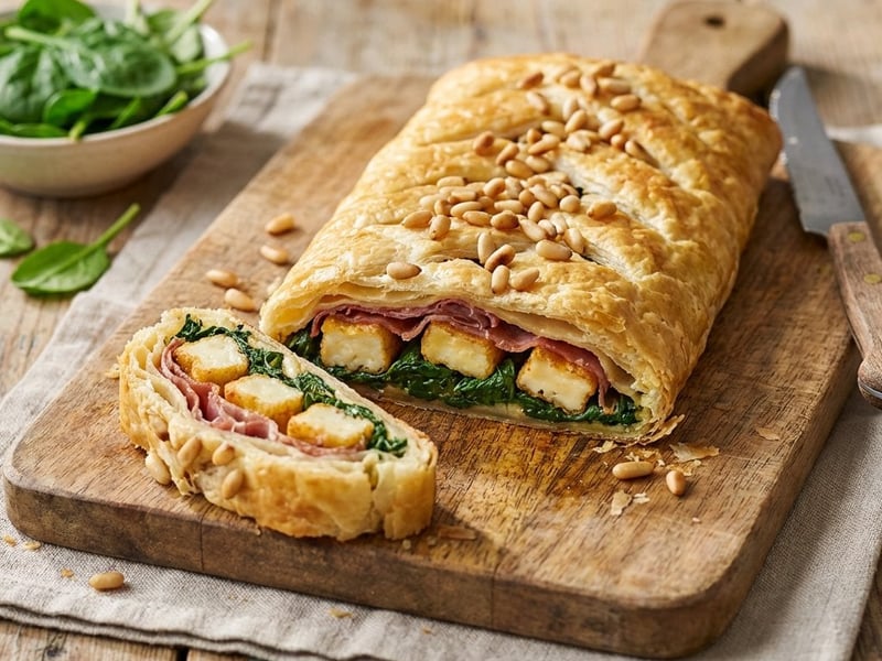 Savory Puff Pastry Strudel with Spinach and Halloumi