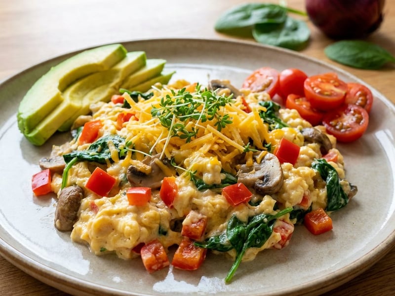 Rührei mit Gemüse und Avocado