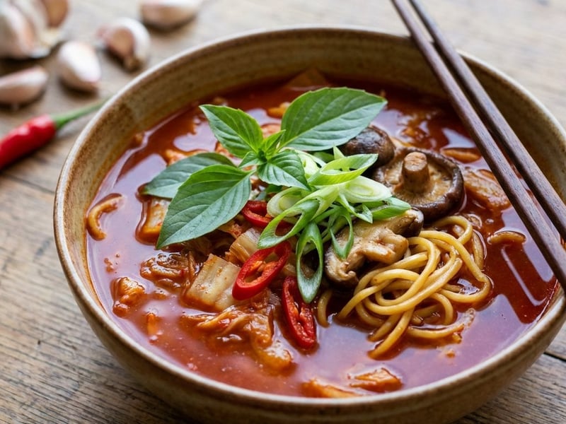 Würzige Kimchi-Suppe mit Mie-Nudeln und Shiitake