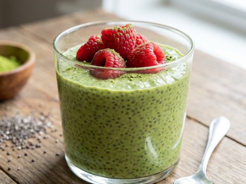 Matcha-Chia-Pudding mit frischen Himbeeren