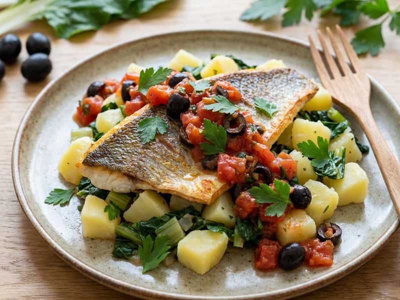 Sea Bass Fillets with Tomato-Olive Salsa and Chard Potatoes