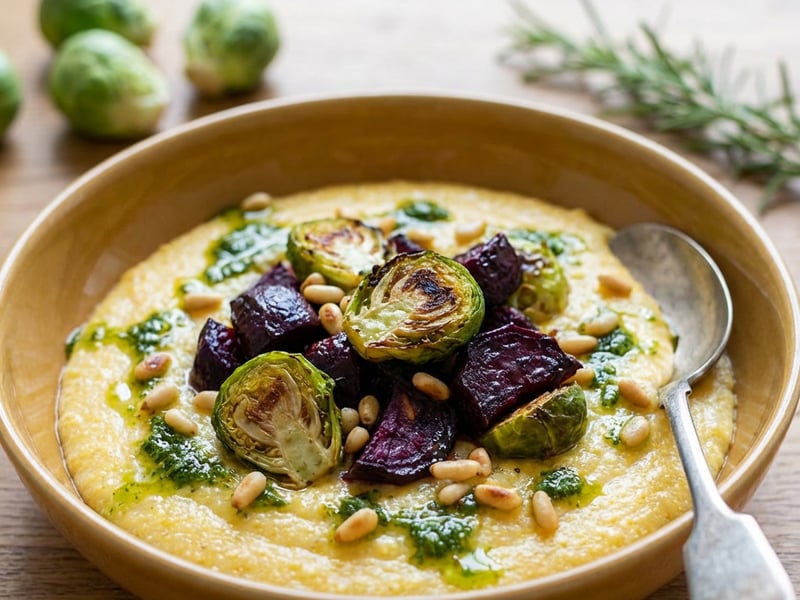 Creamy Polenta with Brussels Sprouts and Beetroot