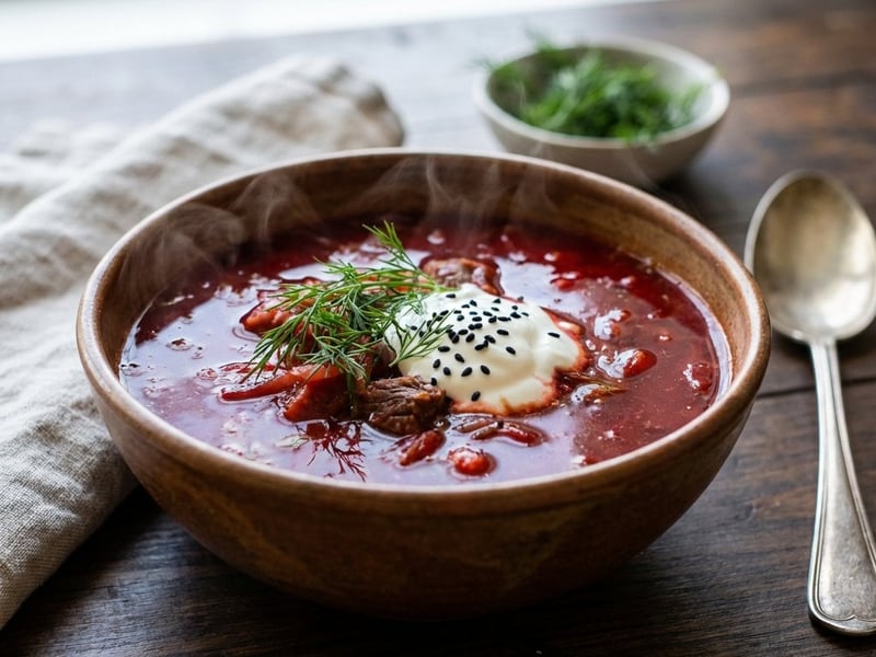 Borschtsch mit Rindfleisch und Schwarzkümmel