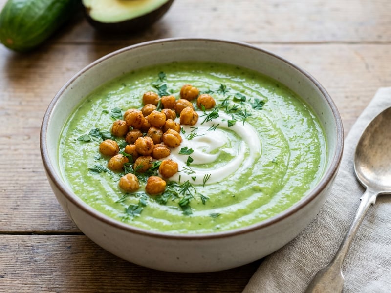 Cold Cucumber Avocado Soup with Roasted Chickpeas