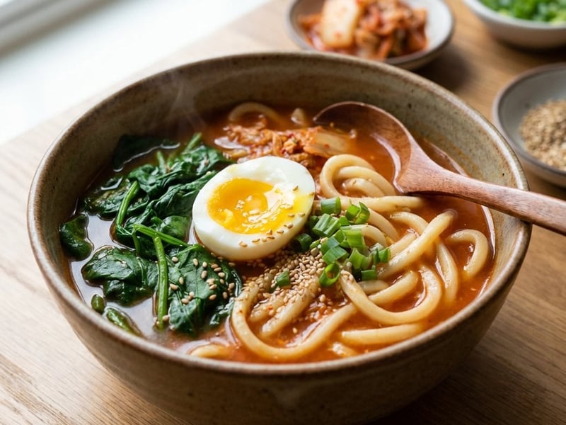 Kimchi Soup with Udon Noodles and Egg