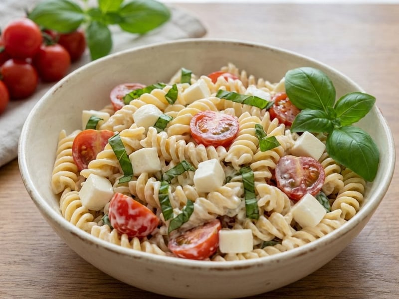 Creamy Pasta Salad with Mozzarella & Basil