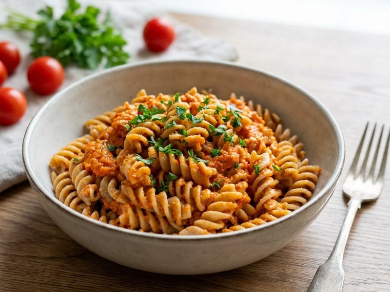 Pasta with Pesto from Roasted Tomatoes and Bell Peppers