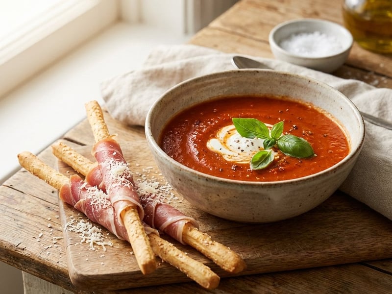Geröstete Tomatensuppe mit Prosciutto-Grissini